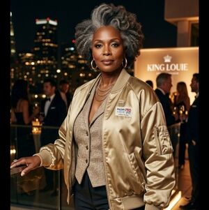 Vintage Kng Louie Pro Fit XL Gold Nylon Flight Jacket Full Zipper Bling